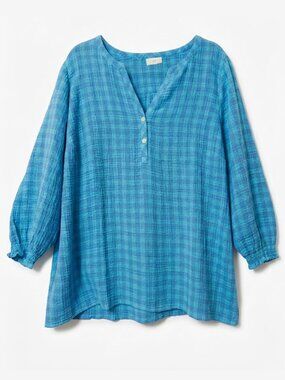 J. Jill Blue Plaid Double Gauze Cotton Henley Blouse Tunic XL
